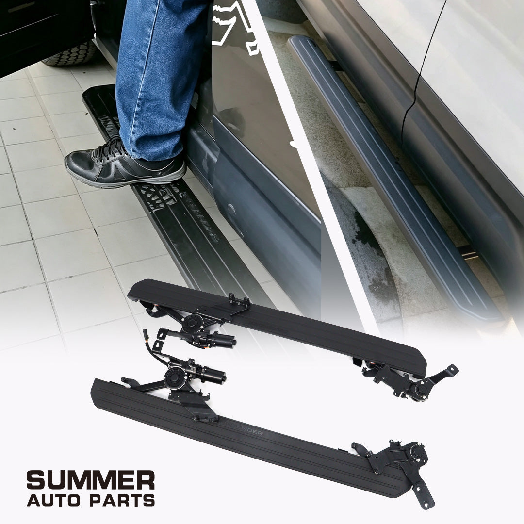 Deployable electric side steps for Land Rover Defender 110 L663 with installed open and retracted views
