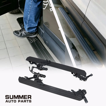 Deployable electric side steps for Land Rover Defender 110 L663 with installed open and retracted views