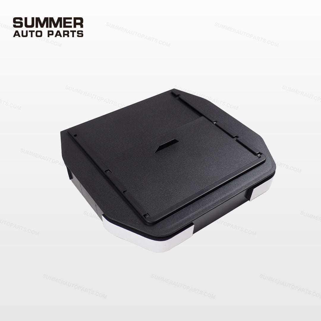 Angled closed lid view of armrest cover privacy storage box for Land Rover Defender L663