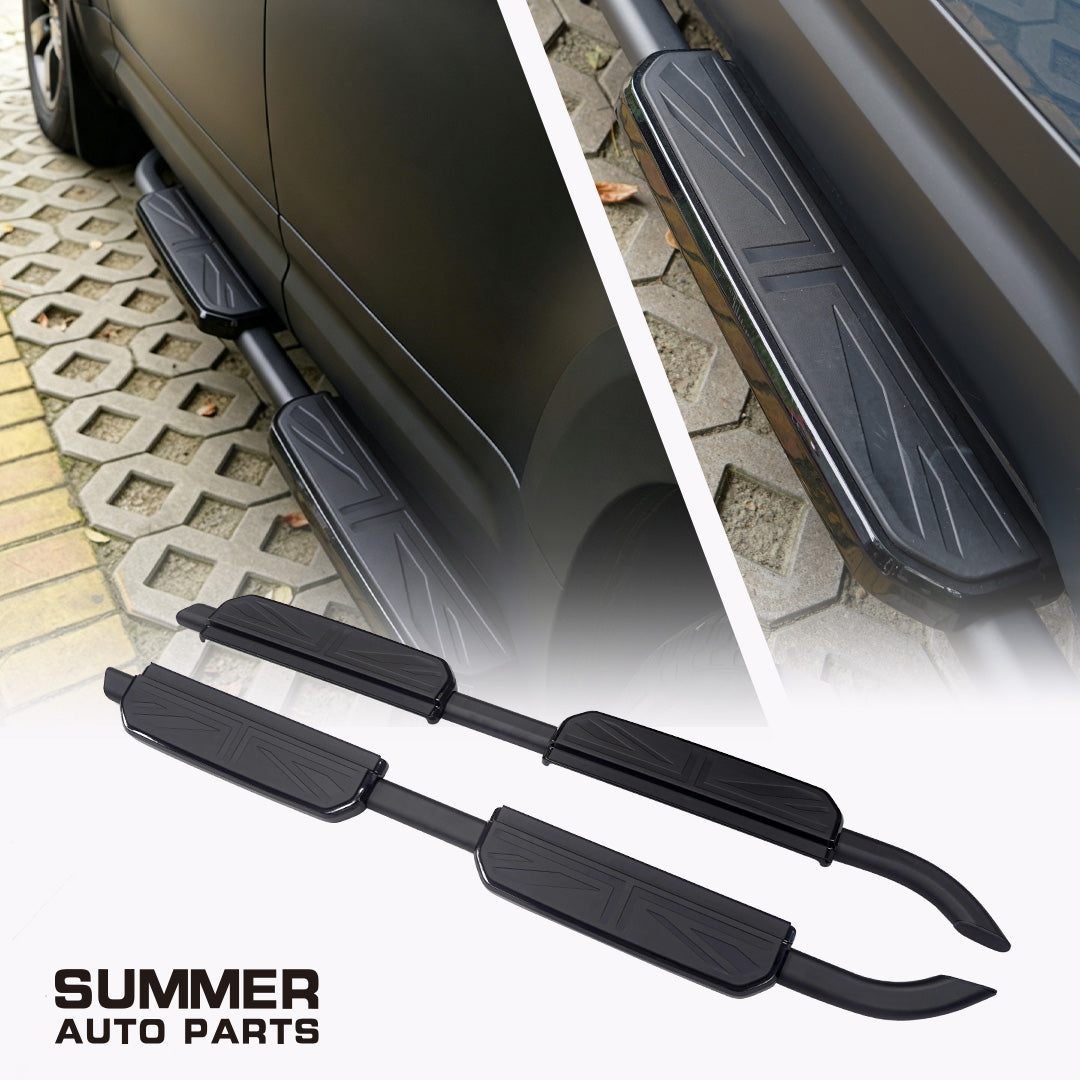 Black Union Jack side steps for Land Rover Defender 110 L663 with installed and product views
