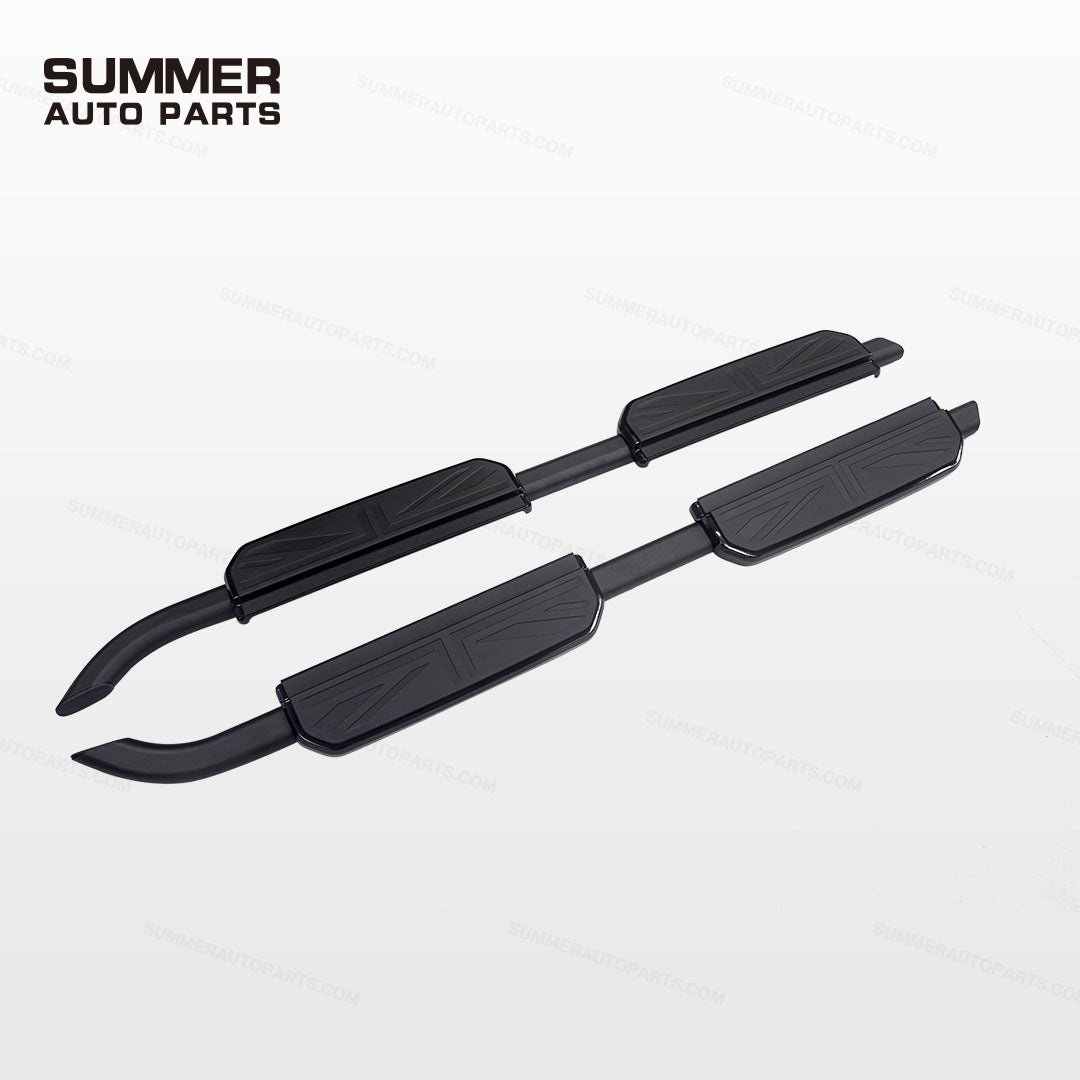 Angled view of black Union Jack side steps for Land Rover Defender 110 L663