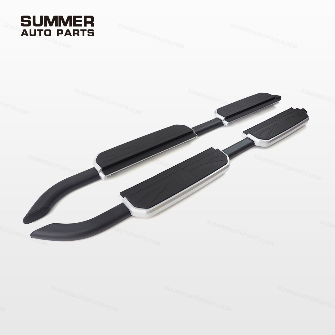 Angled view of silver edge Union Jack side steps for Land Rover Defender 110 L663