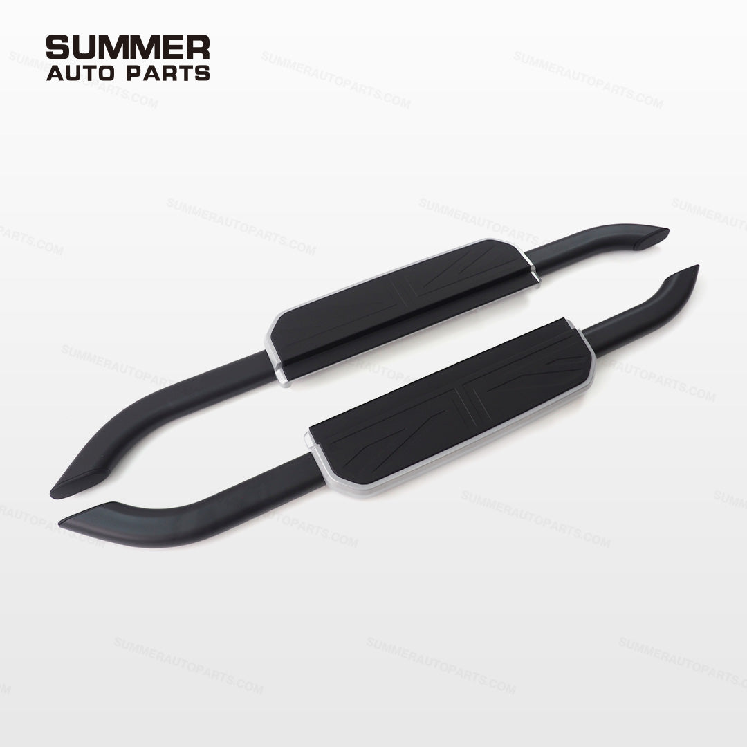 Angled view of silver edge Union Jack side steps for Land Rover Defender 90 L663