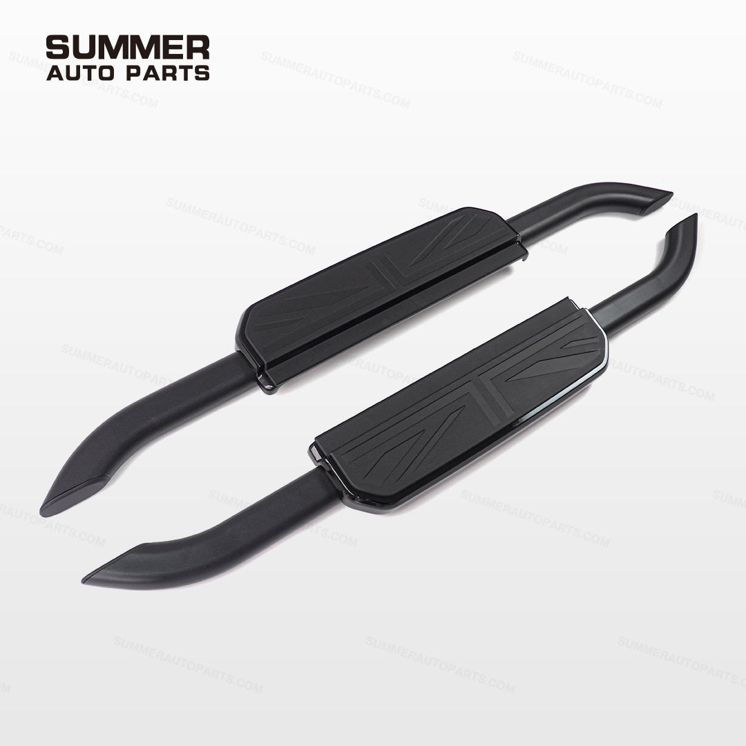 Angled view of black Union Jack side steps for Land Rover Defender 90 L663