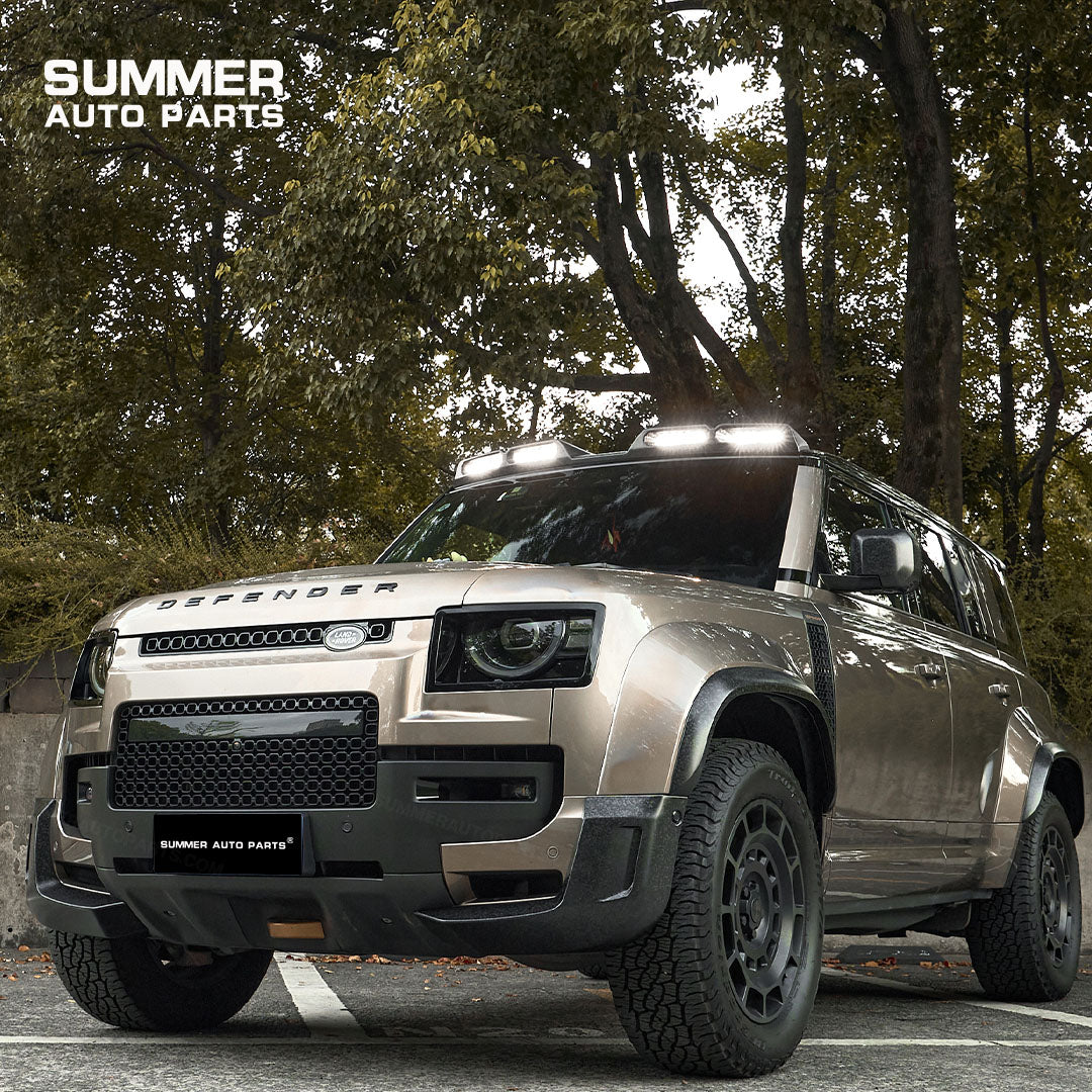 Land Rover Defender L663 with forged carbon fiber roof light bar installed above windshield
