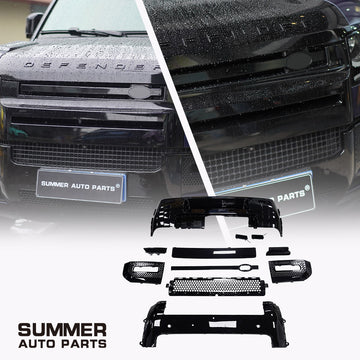 007 style gloss black front and rear bumper kit for Land Rover Defender L663 with installed front detail and full parts layout
