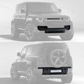 Front and rear installed preview of 007 style gloss black bumper kit for Land Rover Defender 90 L663