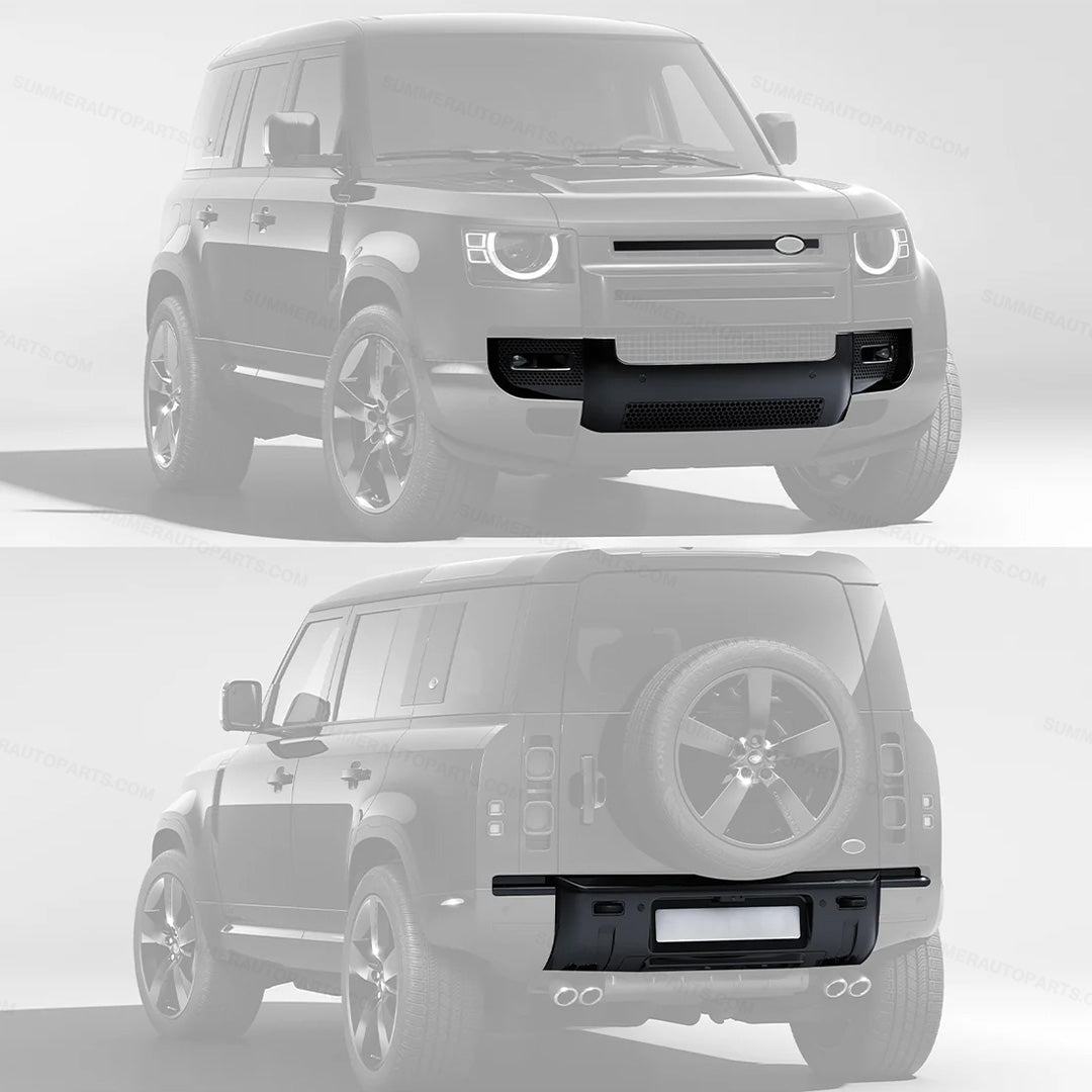 Front and rear installed preview of 007 style gloss black bumper kit for Land Rover Defender 90 L663