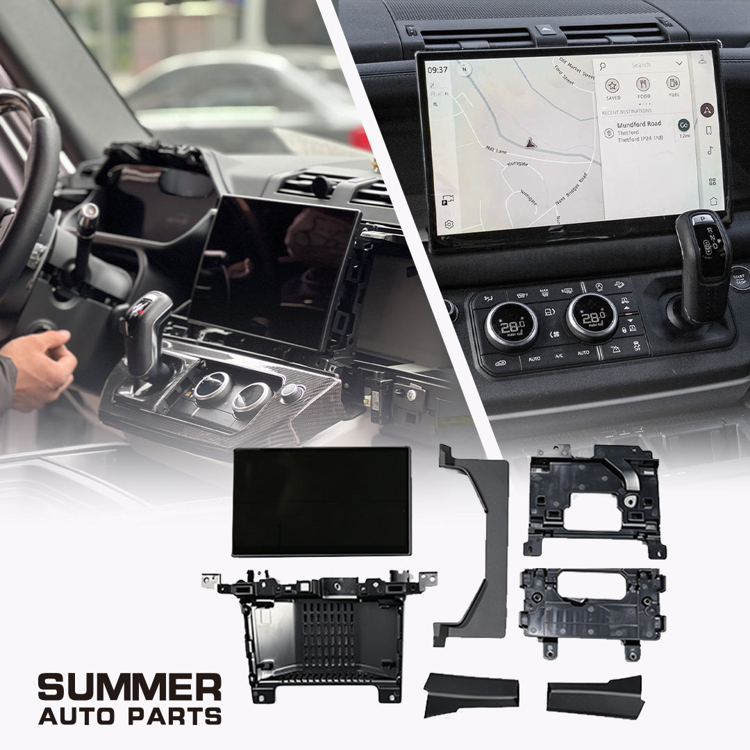 11.4-inch infotainment screen retrofit kit for Land Rover Defender L663 with installed display and kit layout
