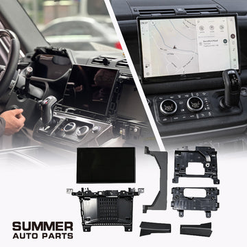 11.4-inch infotainment screen retrofit kit for Land Rover Defender L663 with installed display and kit layout