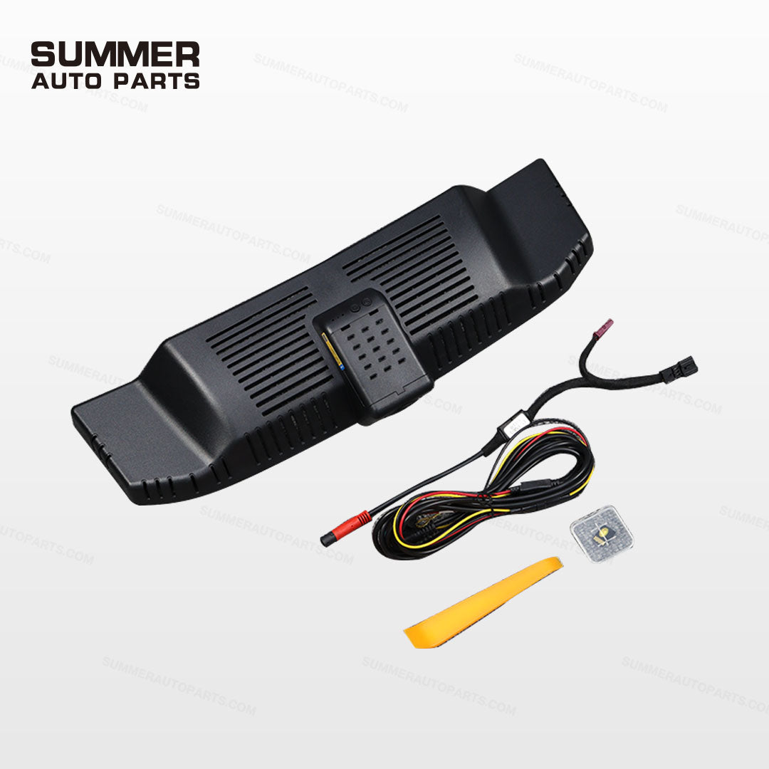 Angled view of integrated dash cam kit for Land Rover Defender L663 with hidden camera housing and harness