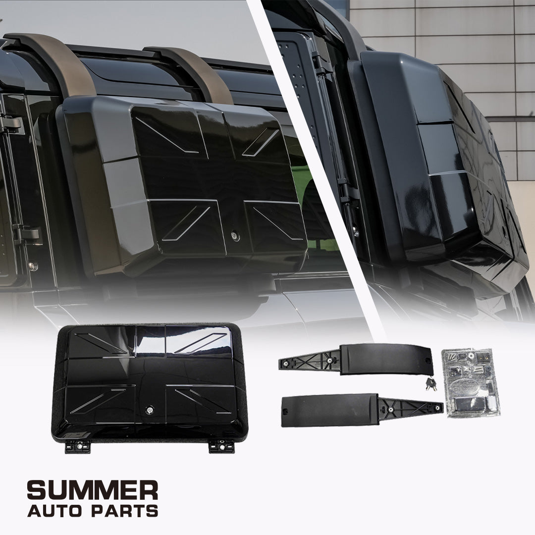 Gloss black Union Jack side storage box for Land Rover Defender L663 with installed and product views