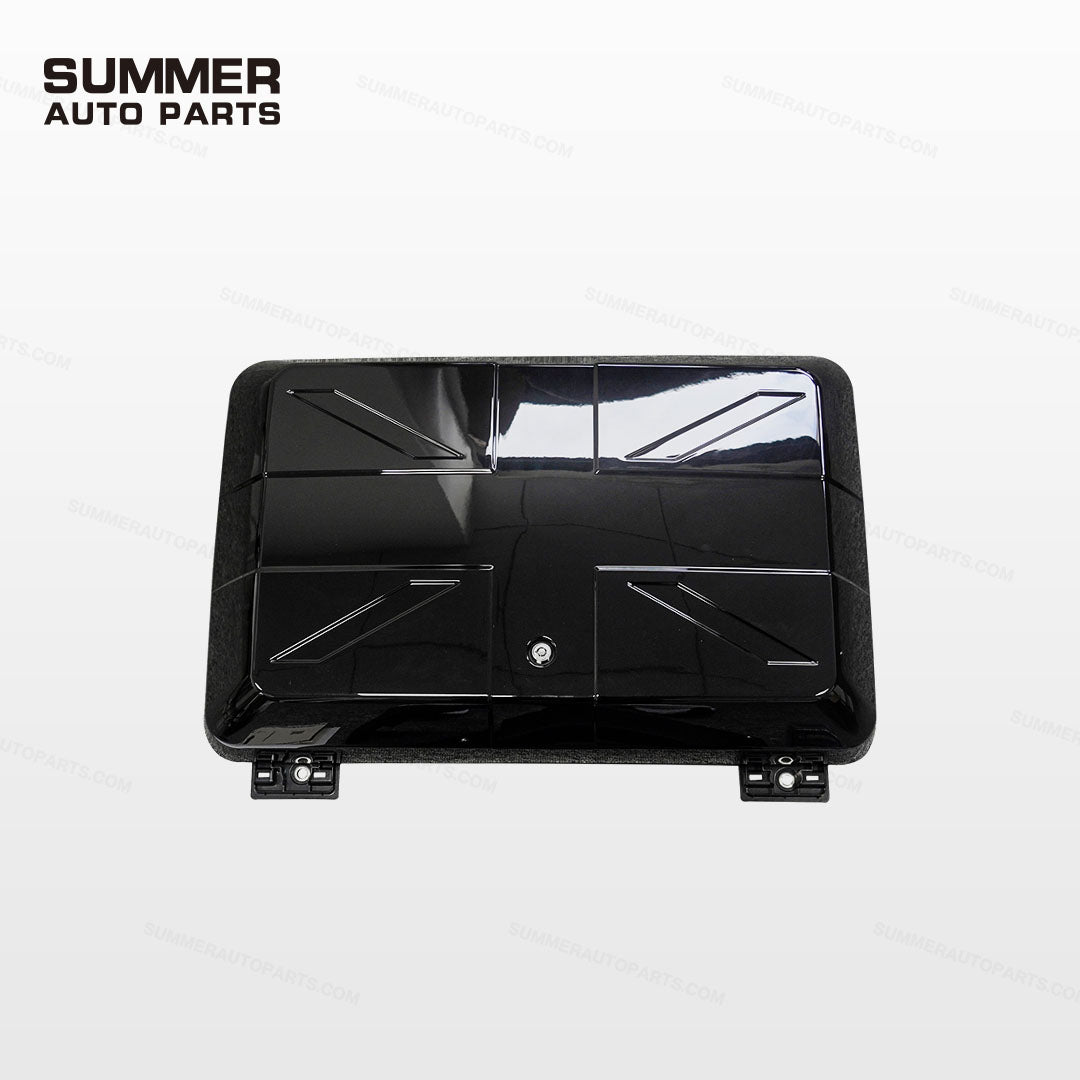 Front view of gloss black Union Jack side storage box for Land Rover Defender L663