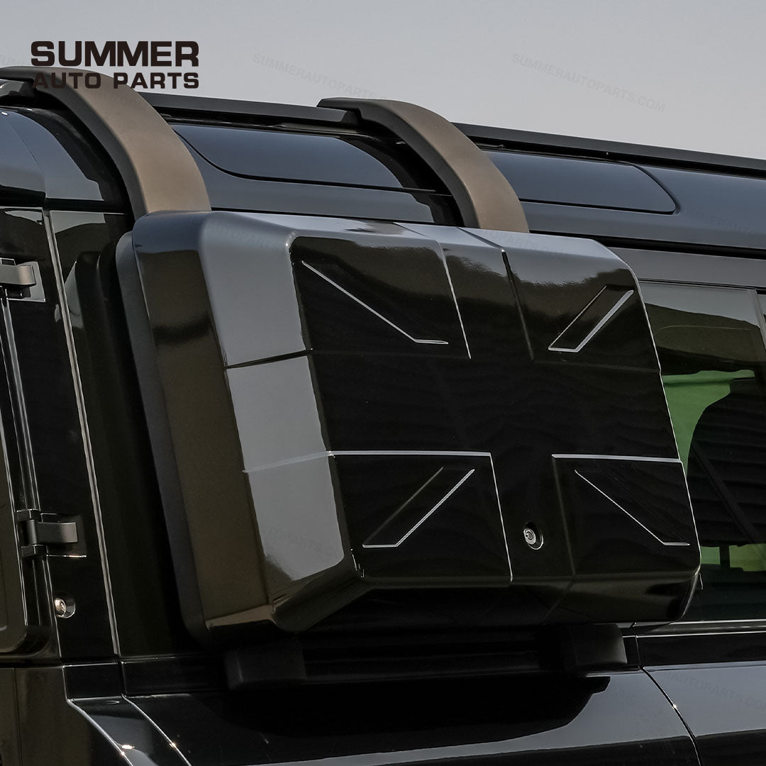 Side view of gloss black Union Jack side storage box installed on Land Rover Defender L663