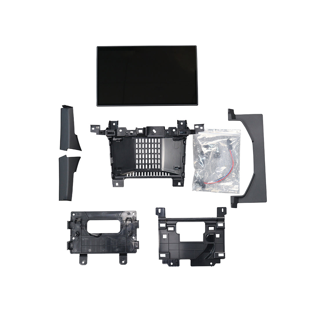 13.1-inch infotainment screen retrofit kit for Land Rover Defender L663 with display, brackets, trim panels, and wiring