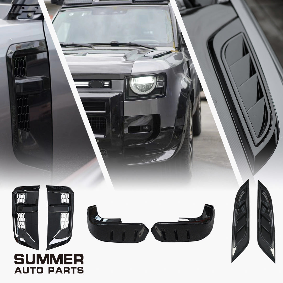 ZHOUS Black Shadow three-piece exterior kit for Land Rover Defender L663 with side vents, hood covers, and front bumper lip corners