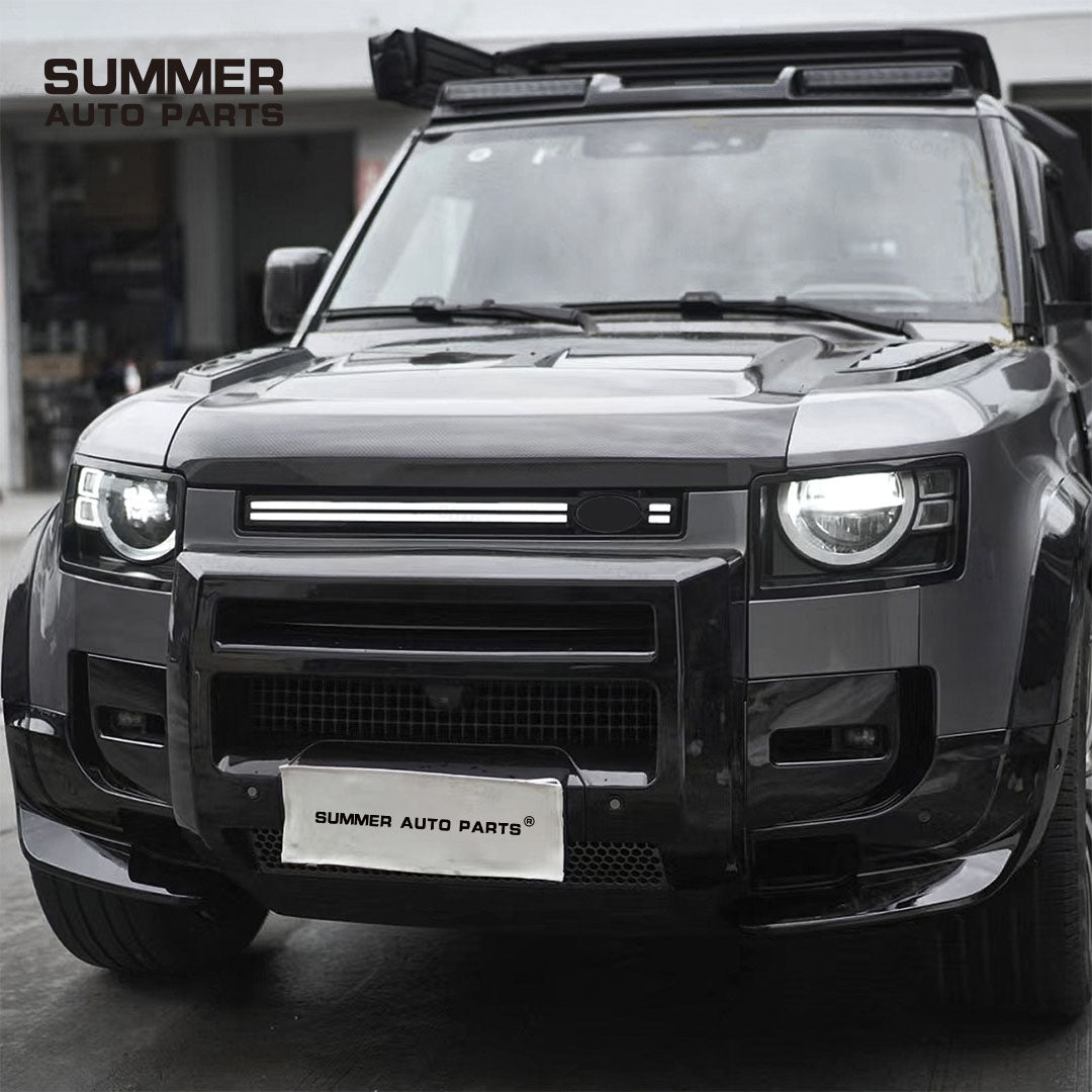 Side view of black Union Jack side steps installed on Land Rover Defender 90 L663