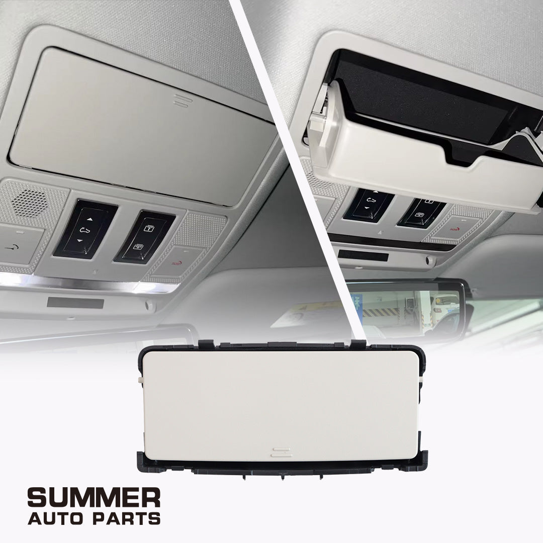 Beige overhead sunglasses holder for Land Rover Defender L663 with installed open and closed views