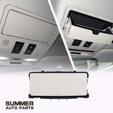 Beige overhead sunglasses holder for Land Rover Defender L663 with installed open and closed views