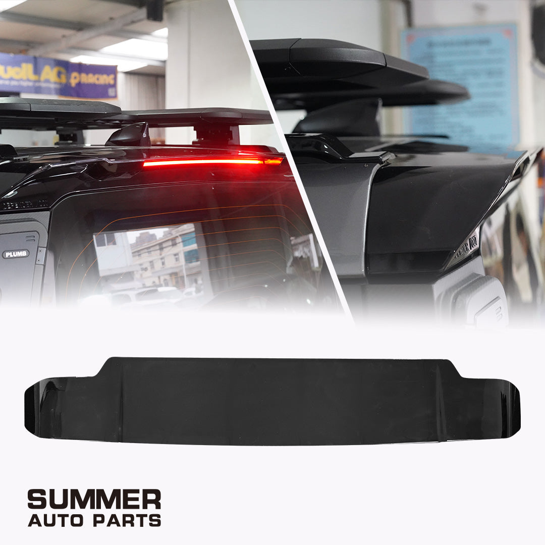 Gloss black replacement rear roof spoiler for Land Rover Defender L663 with installed rear detail and product view