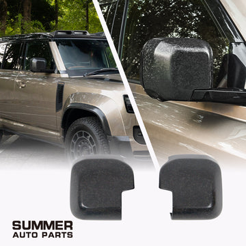 Forged carbon side mirror covers for Land Rover Defender L663 with installed and product views