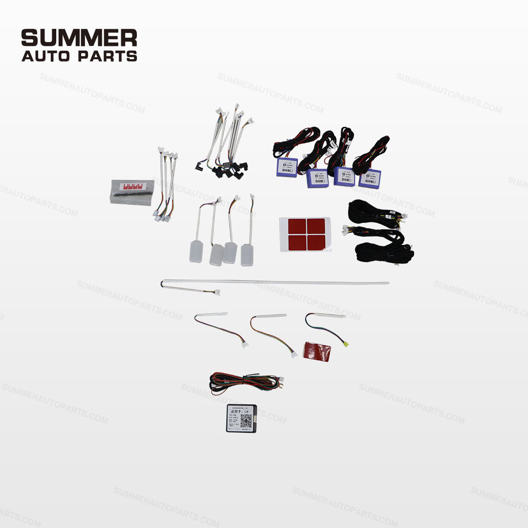 Ambient lighting kit layout with control modules, LED strips, wiring harnesses, and adhesive pads for Land Rover Defender L663