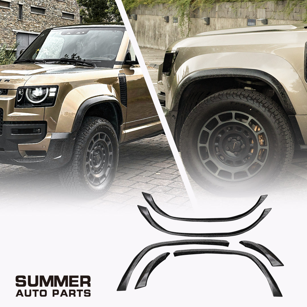 OCTA style satin carbon wheel arches for Land Rover Defender L663 with installed and product views