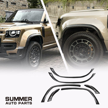 OCTA style satin carbon wheel arches for Land Rover Defender L663 with installed and product views